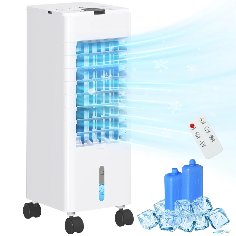 HOMCOM Climatizador  3 em 1 Portátil 60W com 3 Velocidades Temporizador até 12H Depósito de 3,8 L Oscilação de 60º 24x21,5x59 cm Branco