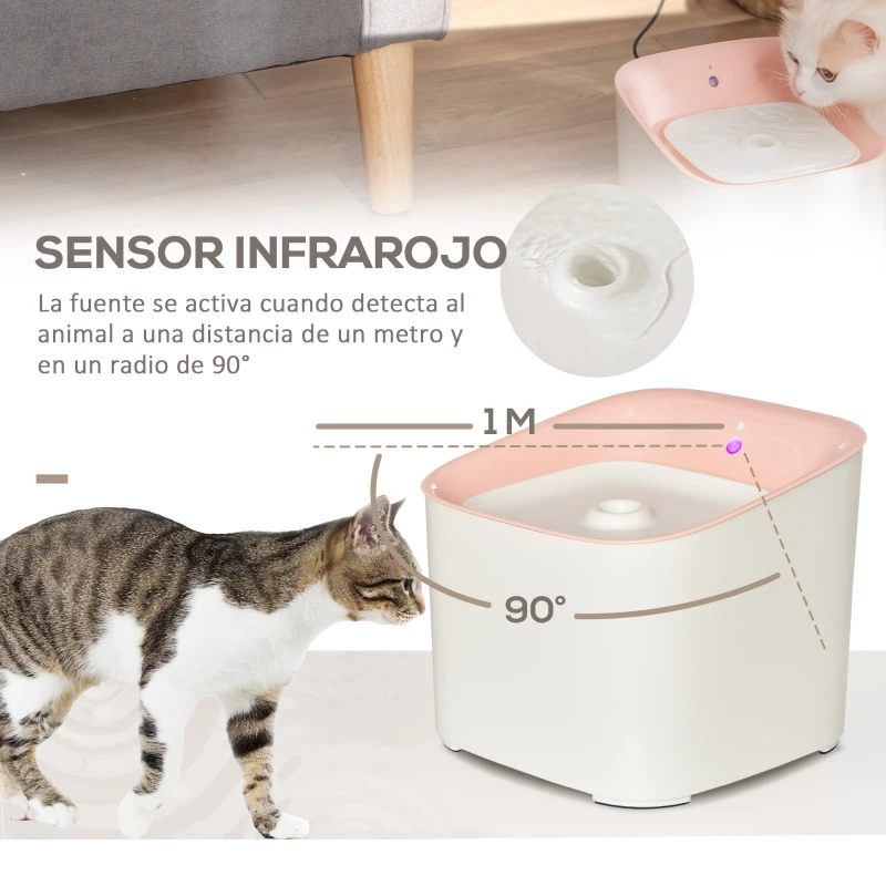 PawHut Fuente de Agua para Gatos 3L con Sensor de Infrarrojos 3 Modos Dispensador de Agua para Perros y Gatos Bebedero para Gatos con Luz Indicadora LED 21x20x18 cm Blanco y Rosa
