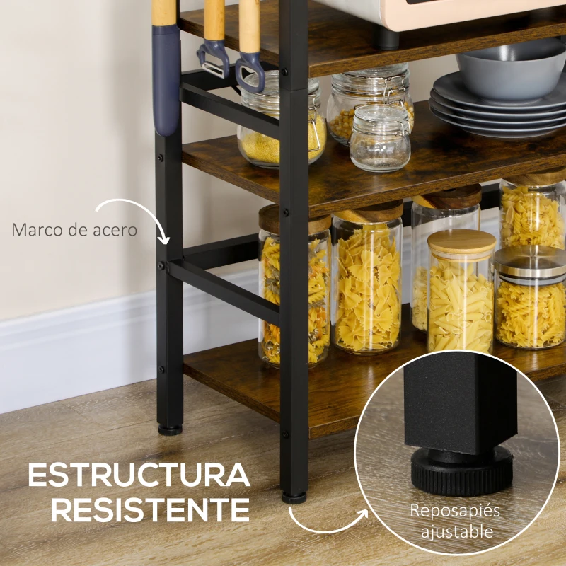 HOMCOM Estantería de Cocina Industrial con 4 Estantes 4 Ganchos y Sistema Antivuelco 65x30x102 cm Marrón Rústico y Negro