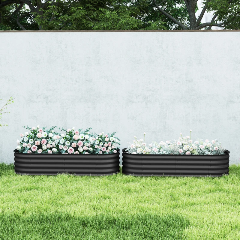 Outsunny Galvanised Raised Garden Bed, Metal Planter Box with Safety Edging, for Flowers, Herbs, Succulents, Pack of 2, Dark Grey
