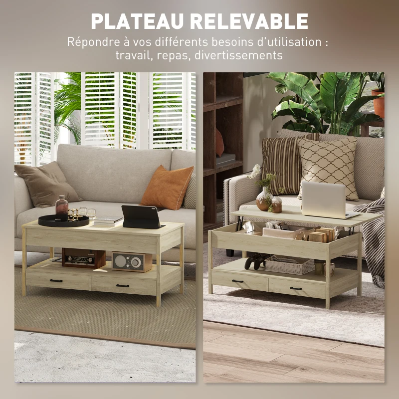 HOMCOM Table basse relevable, table basse avec tiroirs et compartiment caché pour salon, bureau à domicile, chêne