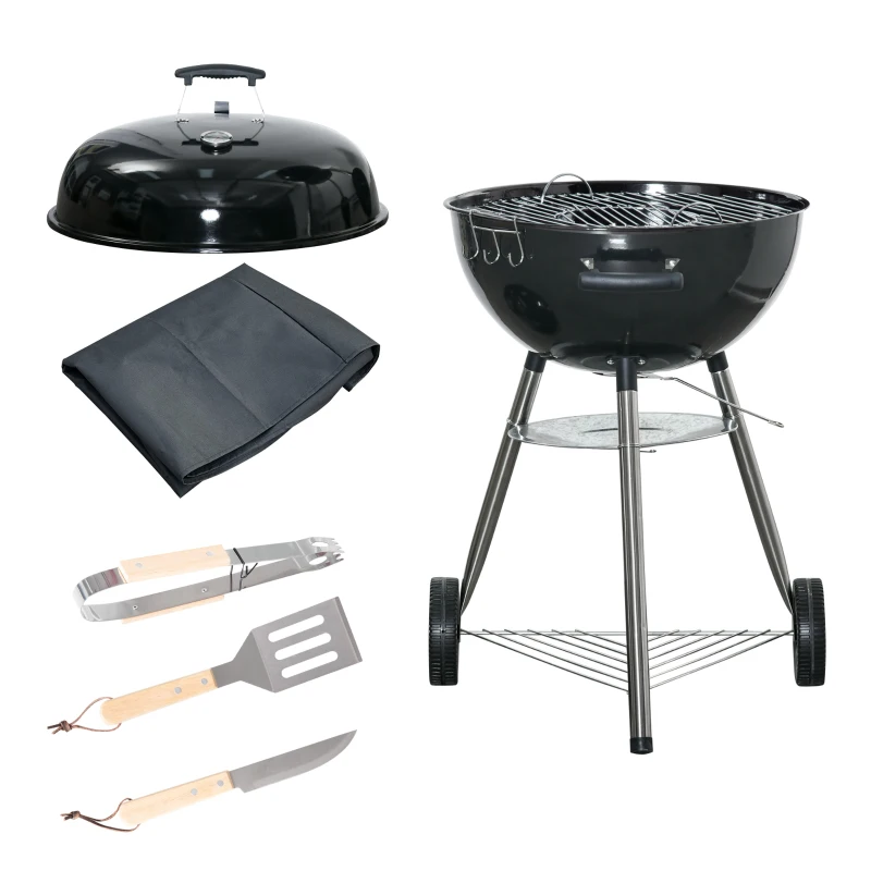 Outsunny Kugelgrill mit Messer, Wender und Grillzange, Thermometer, Aschefach, Regenhülle, Metall, schwarz