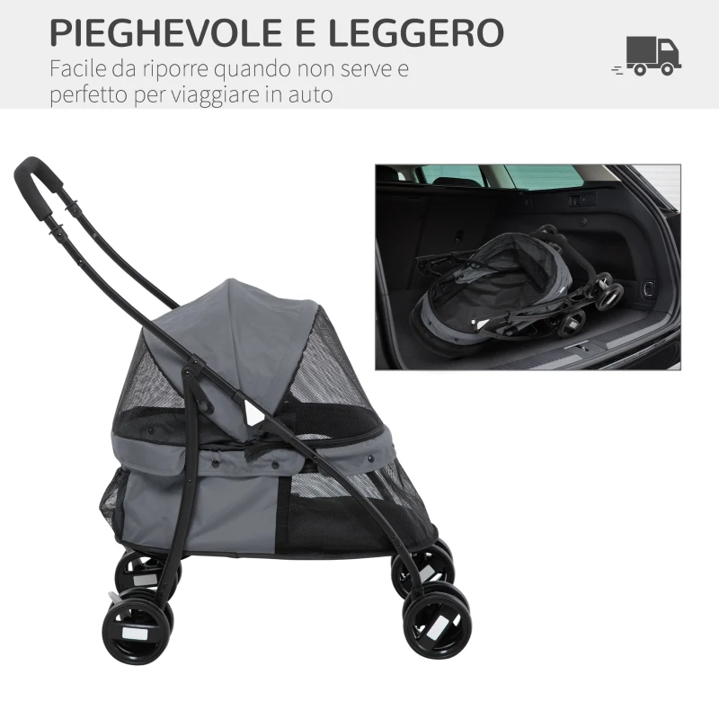 PawHut Passeggino per Cani Pieghevole con Tettuccio Regolabile, Borsa e 2 Guinzagli, 82x47x97 cm, Grigio e Nero