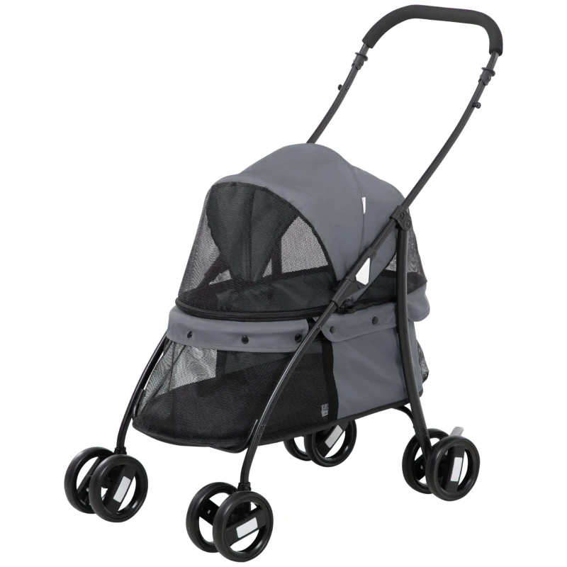 PawHut Passeggino per Cani Pieghevole con Tettuccio Regolabile, Borsa e 2 Guinzagli, 82x47x97 cm, Grigio e Nero