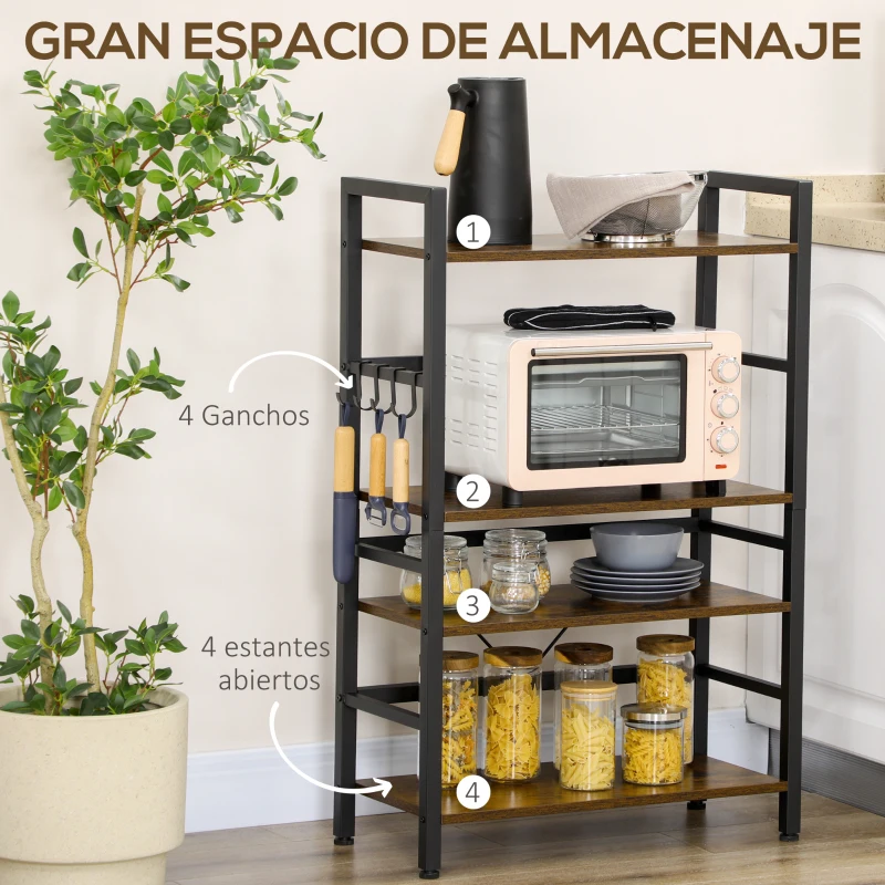 HOMCOM Estantería de Cocina Industrial con 4 Estantes 4 Ganchos y Sistema Antivuelco 65x30x102 cm Marrón Rústico y Negro