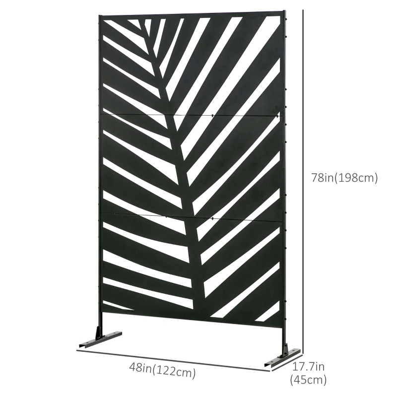 Outsunny Decorative Privacy Screen with Stand, 6.5FT Freestanding Metal Outdoor Divider, Decorative Privacy Panel with Expansion Screws for Garden Patio Pool Hot Tub, Banana Leaf Style, Black