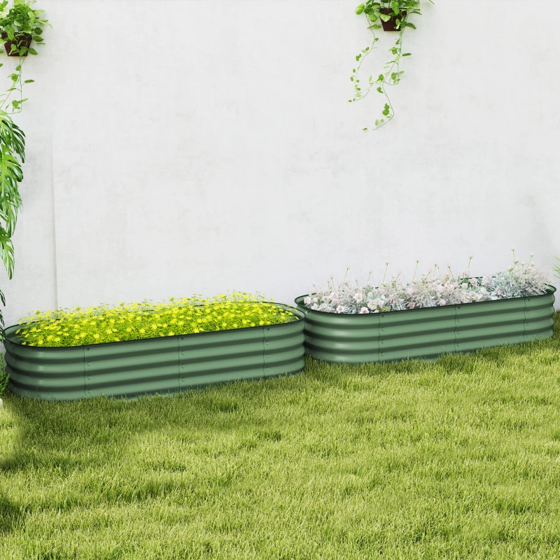 Outsunny Galvanised Raised Garden Bed, Metal Planter Box with Safety Edging, for Flowers, Herbs, Succulents, Pack of 2, Green