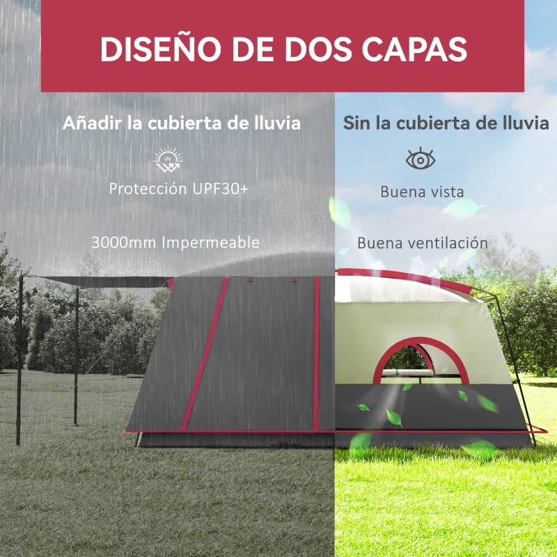 Outsunny Tienda de Campaña Familiar 4-6 Personas con 2 Habitaciones Zona de Estar y Protección Impermeable 430x305 cm Rojo