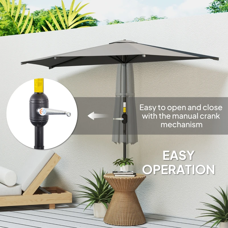 Outsunny 3(m) Half Parasol, Semi Round Umbrella with Metal Frame, Crank Handle for Balcony, Garden, Dark Grey
