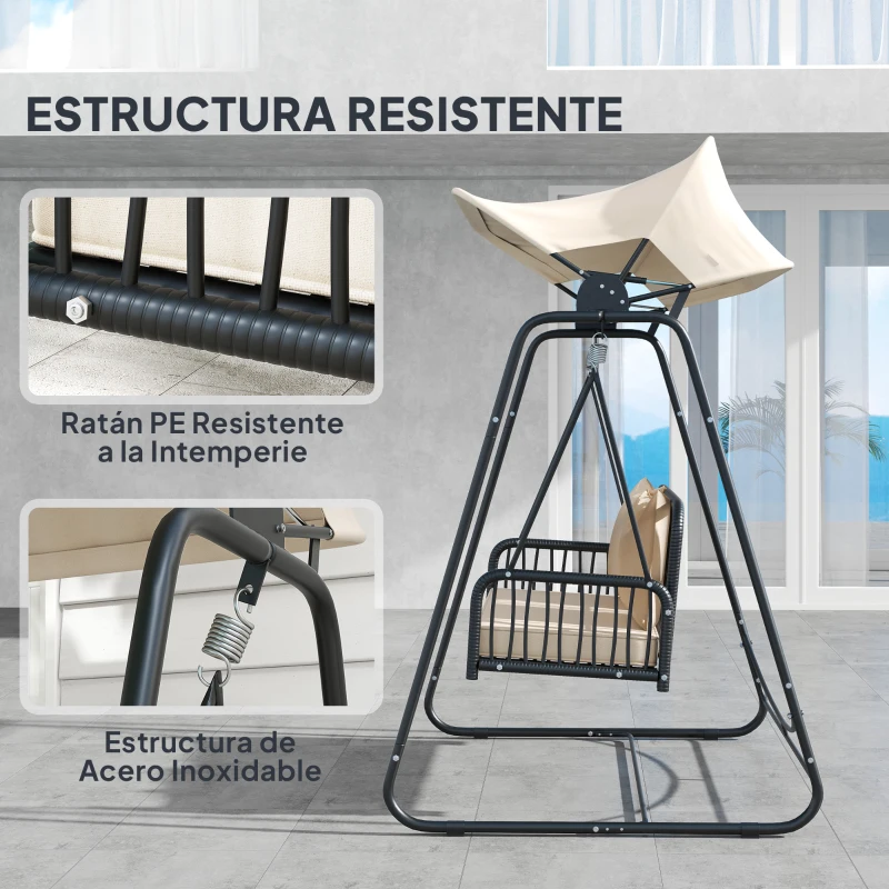 Outsunny Balancín de Jardín de 2 Plazas con Toldo Retráctil Cojines y Estructura de Acero con Ratán PE 149x121x180 cm Caqui