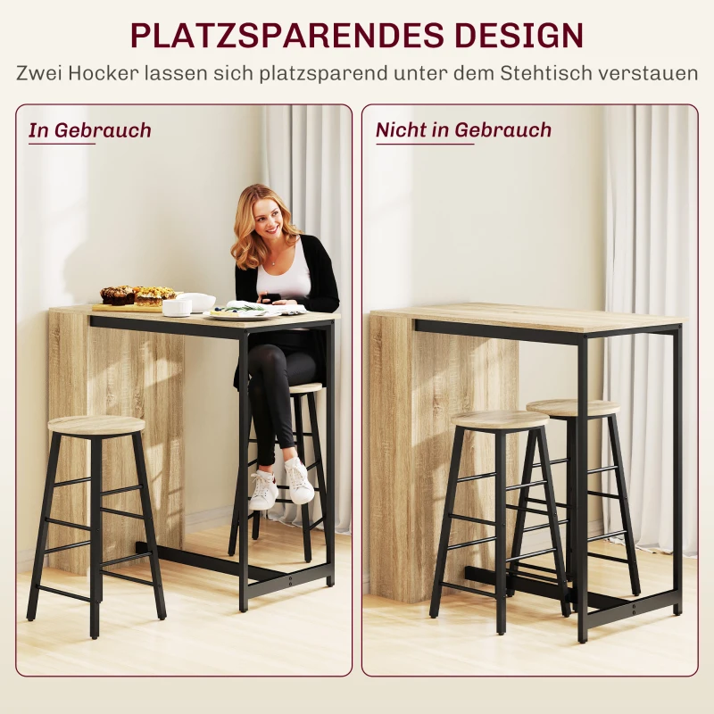 HOMCOM 3-delige Bartafelset, 1 Counter, 2 Stoelen, met Opbergruimte en Voetsteunen, Ruimtebesparend, Lichtbruin+Zwart(m-6)