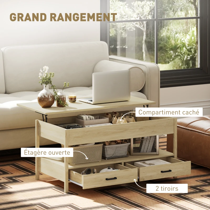 HOMCOM Table basse relevable, table basse avec tiroirs et compartiment caché pour salon, bureau à domicile, chêne