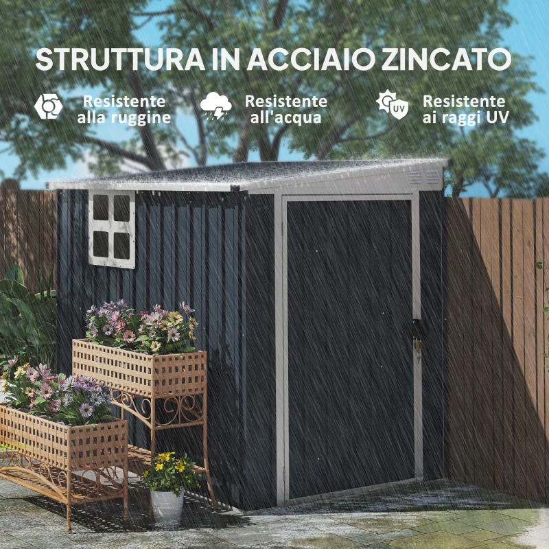 Outsunny Casetta da Giardino in Acciaio 1.2x1.9 m con Porta Bloccabile e Prese d'Aria, Grigio Scuro