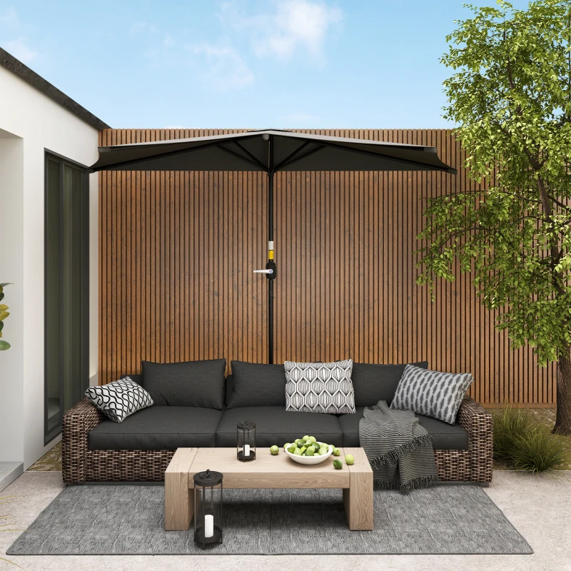 Outsunny 3(m) Half Parasol, Semi Round Umbrella with Metal Frame, Crank Handle for Balcony, Garden, Dark Grey