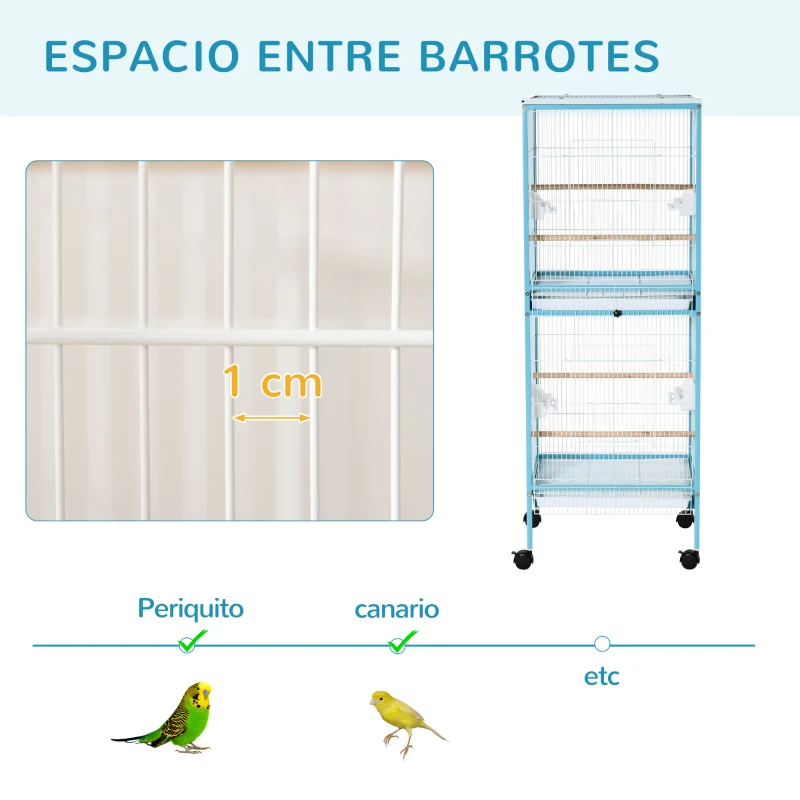 PawHut Jaula para Pájaros de 2 Niveles con Ruedas Bandejas Extraíbles Puertas Comederos Perchas 51,5x50x140 cm Azul