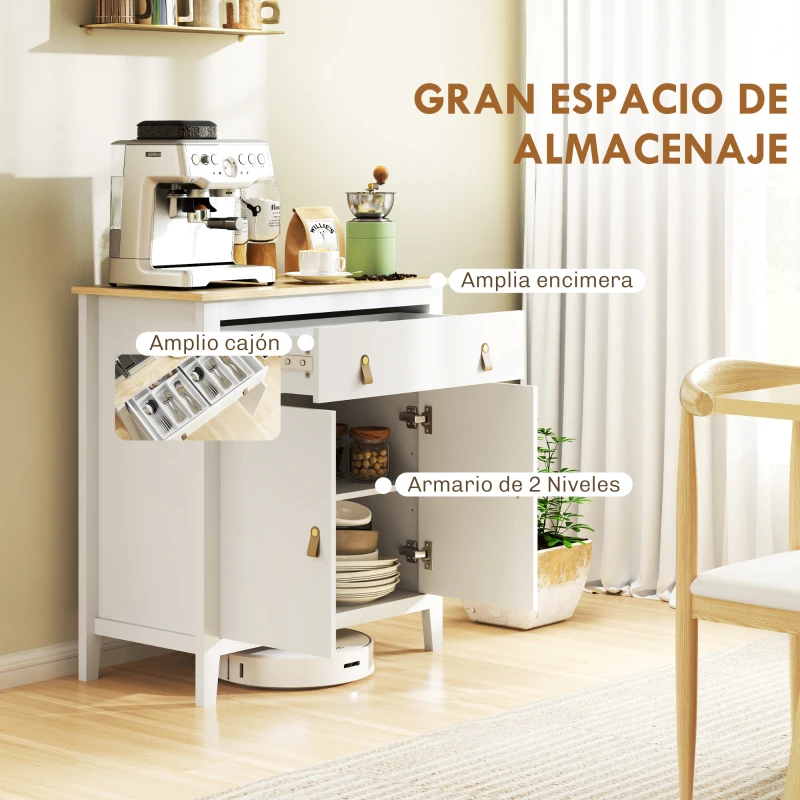 HOMCOM Aparador con Cajón Armario de 2 Niveles y Estante Ajustable Base Elevada y Amplia Superficie 80x40x90cm Blanco y Roble