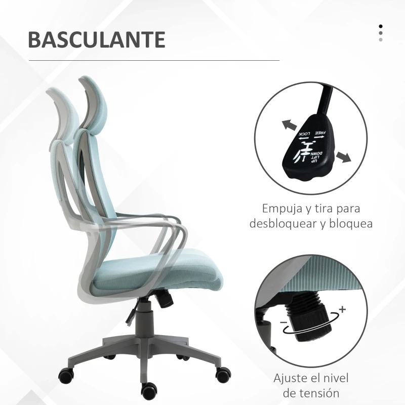 Vinsetto Silla de Escritorio Silla de Oficina Ergonómica Ajustable con Reposabrazos Reposacabezas y Función Basculante 64x55x116-126 cm Azul