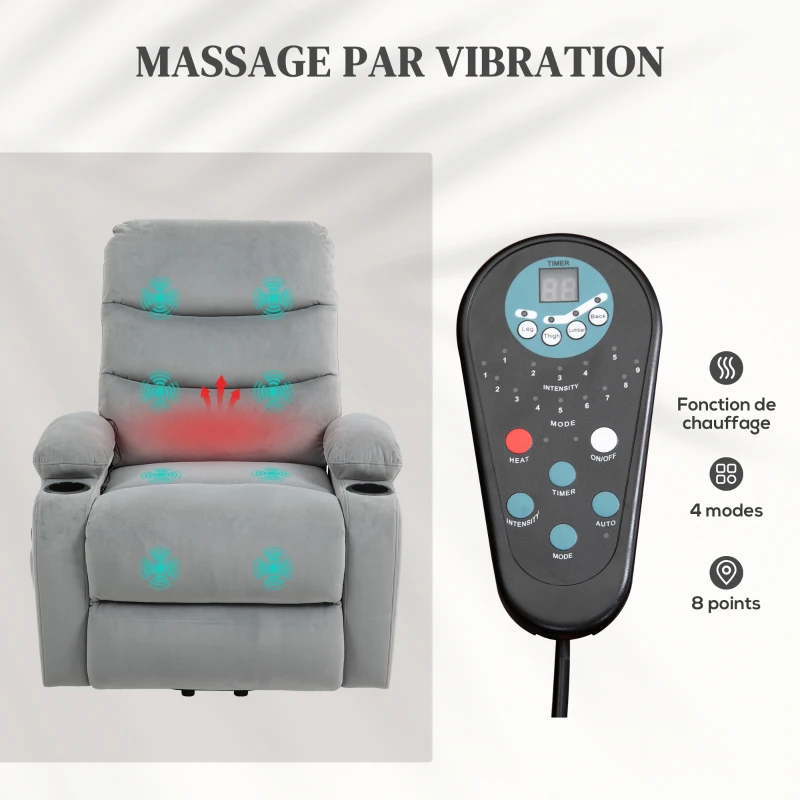 HOMCOM Fauteuil releveur inclinable massant et chauffant, tissu aspect velours avec porte-gobelets, pochette latérale, gris