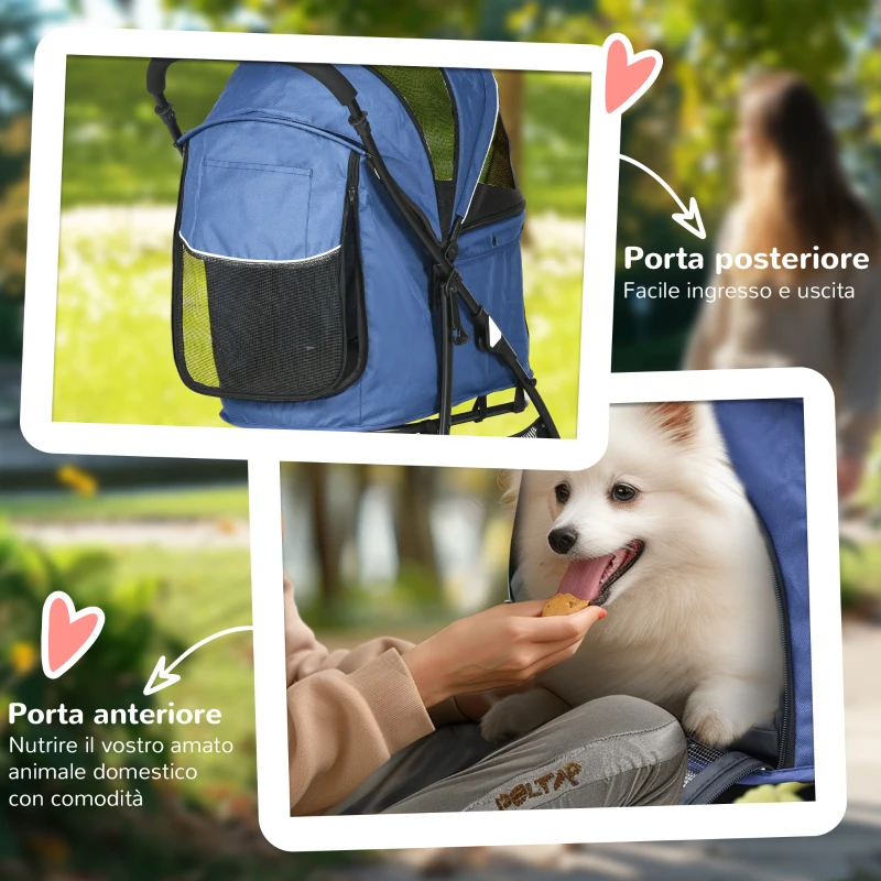 PawHut Passeggino per Cani con Cesto, Cuscino e 2 Guinzagli, in Acciaio e Tessuto Oxford, 81x48x99 cm, Nero e Blu Scuro