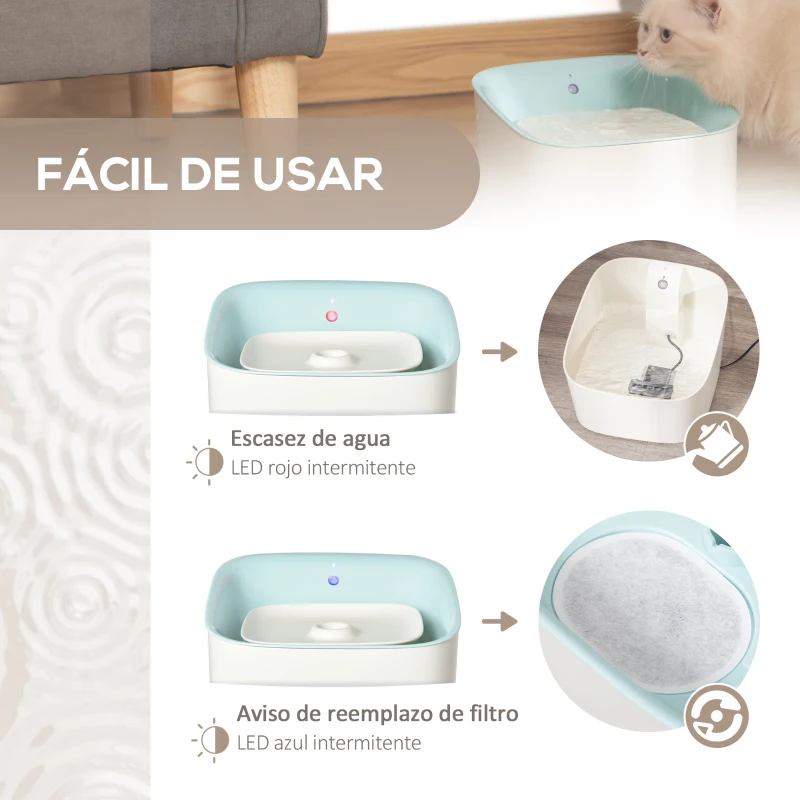 PawHut Fuente de Agua para Gatos 3L con Sensor de Infrarrojos 3 Modos Dispensador de Agua para Perros y Gatos Bebedero para Gatos con Luz Indicadora LED 21x20x18 cm Blanco y Azul