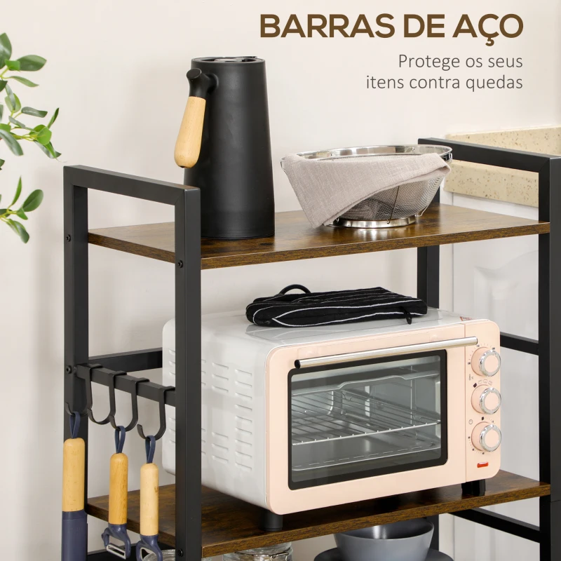 HOMCOM Estante de Cozinha com 4 Prateleiras Ganchos e Sistema Anti-Tombo Estante para Micro-Ondas 65x30x102 cm Castanho Rústico e Preto