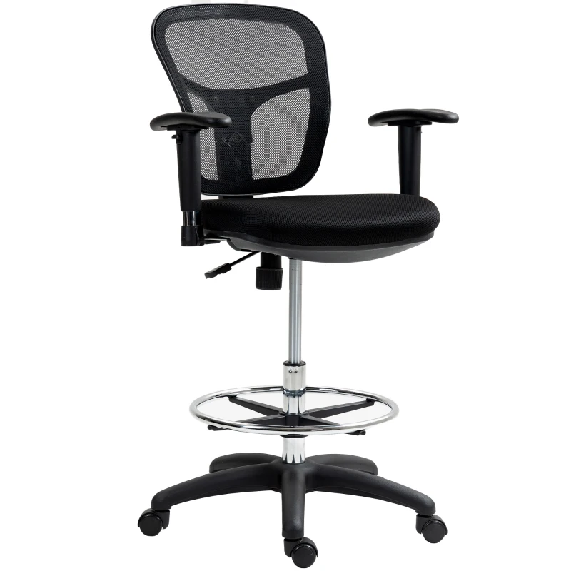 HOMCOM Drafting Chair with Adjustable Armrests, Ergonomic Mesh Office Chair with Lumbar Support, Adjustable Height and Footrest for Standing Desk, Black