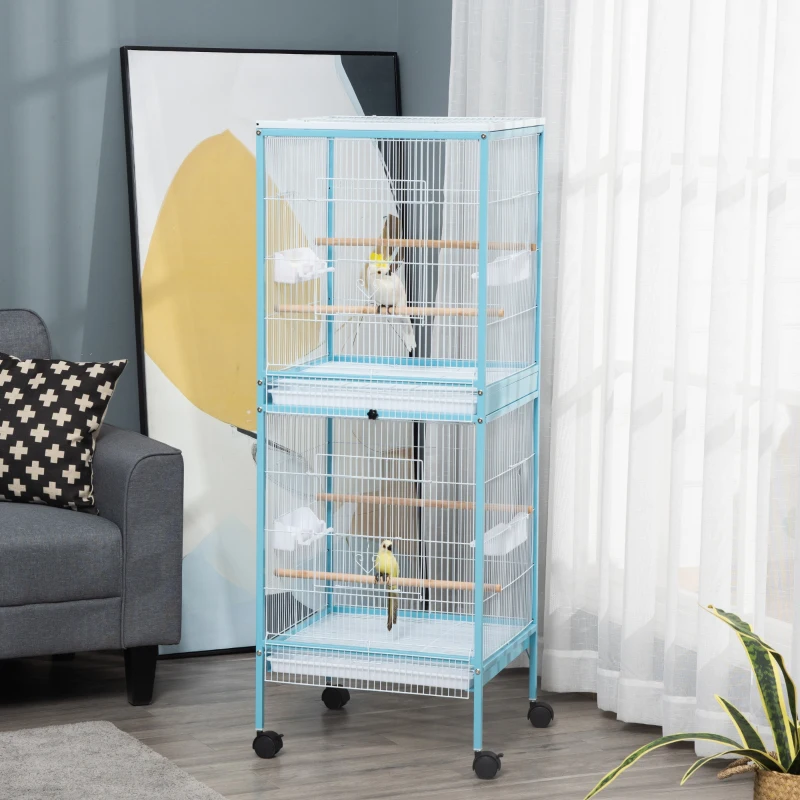 PawHut Gaiola para Pássaros com Rodas de 2 Níveis  com Bandejas Removíveis Portas Comedouros Poleiros 51,5x50x140 cm Azul