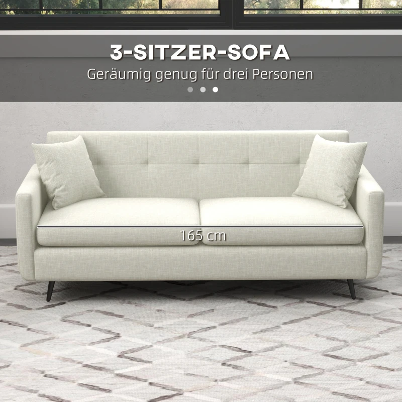 HOMCOM 3-Sitzer Sofa, 2 Seitentaschen, Kissen, Stahlrahmen, bis 250 kg, 165x73x72 cm, Beige