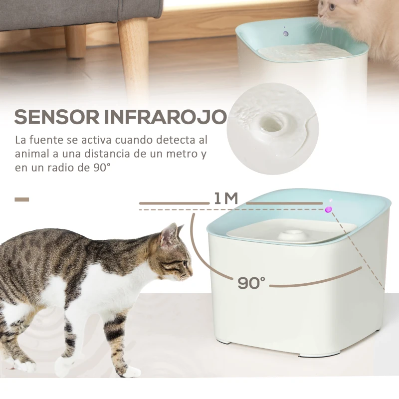 PawHut Fuente de Agua para Gatos 3L con Sensor de Infrarrojos 3 Modos Dispensador de Agua para Perros y Gatos Bebedero para Gatos con Luz Indicadora LED 21x20x18 cm Blanco y Azul