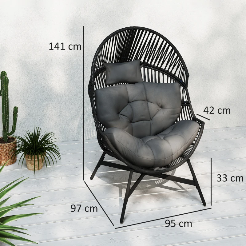Outsunny Rattan Egg Chair, Oversized Freestanding Garden Egg Chair with Thick Tufted Cushion, Headrest, Steel Frame for Indoor and Outdoor Use, Charcoal Grey