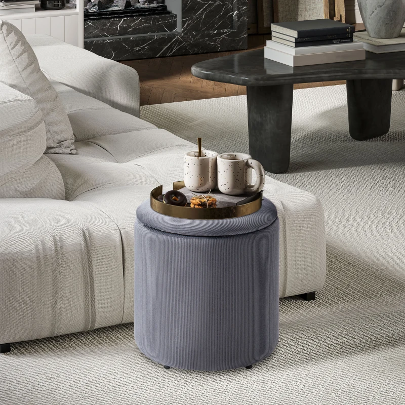 HOMCOM Set of 2 Round Ottoman with Storage, Fabric Vanity Stool for Makeup, Footrest Stool with Removable Lid for Living Room & Bedroom, Grey