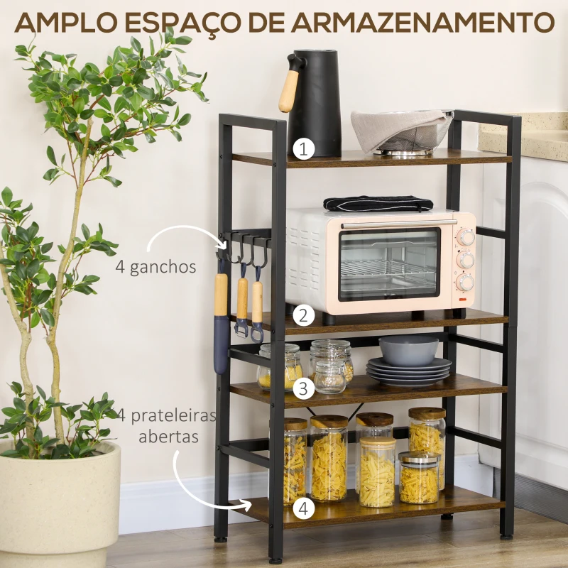 HOMCOM Estante de Cozinha com 4 Prateleiras Ganchos e Sistema Anti-Tombo Estante para Micro-Ondas 65x30x102 cm Castanho Rústico e Preto