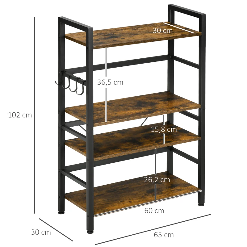 HOMCOM Estantería de Cocina Industrial con 4 Estantes 4 Ganchos y Sistema Antivuelco 65x30x102 cm Marrón Rústico y Negro
