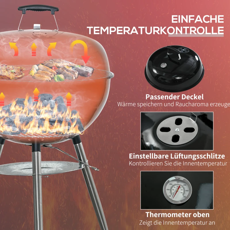 Outsunny Kugelgrill mit Messer, Wender und Grillzange, Thermometer, Aschefach, Regenhülle, Metall, schwarz