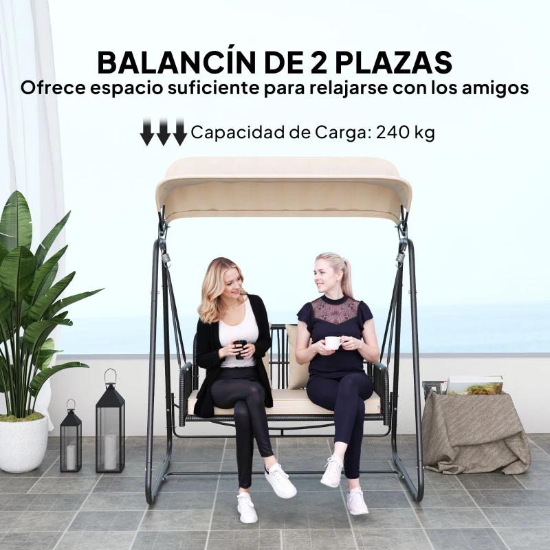 Outsunny Balancín de Jardín de 2 Plazas con Toldo Retráctil Cojines y Estructura de Acero con Ratán PE 149x121x180 cm Caqui