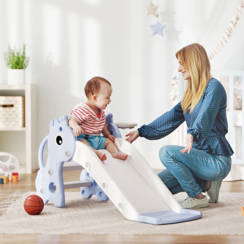 AIYAPLAY 3-in-1 Kinder Glijbaan in Giraffenvorm met Basketbalring, Bal, Blauw