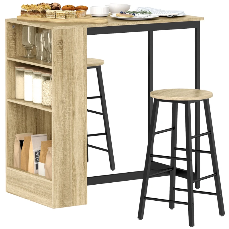 HOMCOM 3-delige Bartafelset, 1 Counter, 2 Stoelen, met Opbergruimte en Voetsteunen, Ruimtebesparend, Lichtbruin+Zwart(m-10)