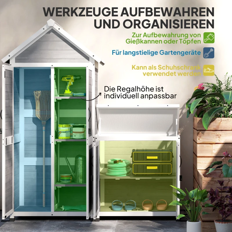 Outsunny Gartenschuppen mit Aufbewahrungsschrank, anpassbare Regale, verschließbare Türen, wasserfest, Fichtenholz, Hellgrau(m-5)