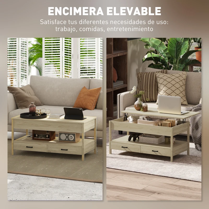HOMCOM Mesa de Centro Elevable con Almacenamiento Compartimento Oculto Cajones y Estante Abierto 100x50x48-62 cm Roble
