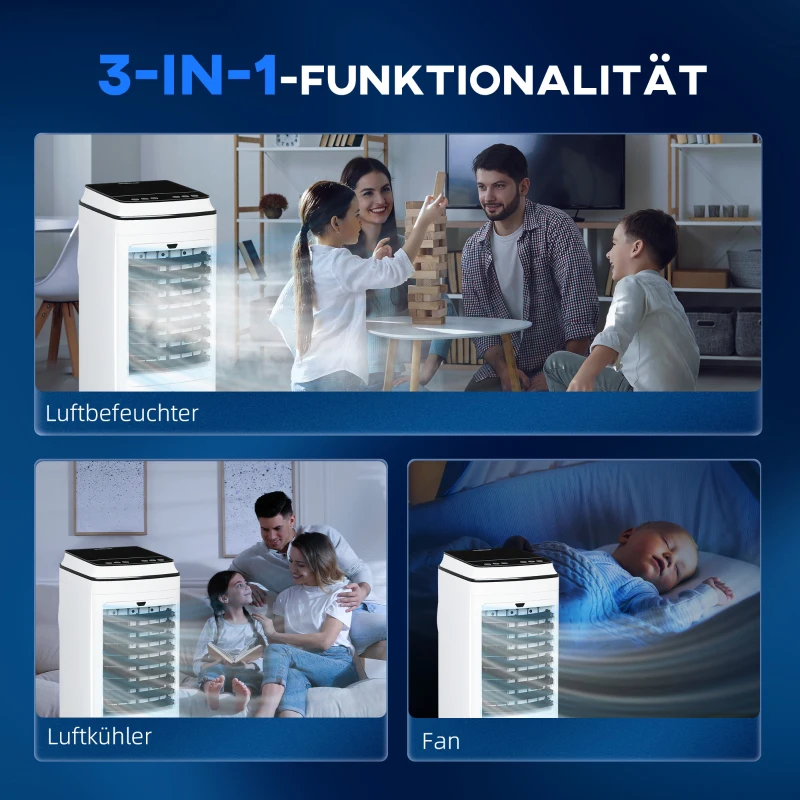 HOMCOM Ventilator, Luchtkoeler en Klimaatunit, 3 Modi, Afstandsbediening, Timer, Op Wielen, Wit