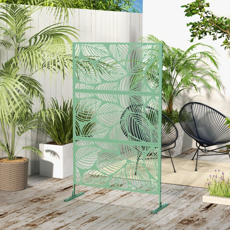 Outsunny Biombo de Exterior Separador de Ambientes com 3 Peças com Padrão de Flores Grande e Estrutura de Aço 122x45x198 cm Verde
