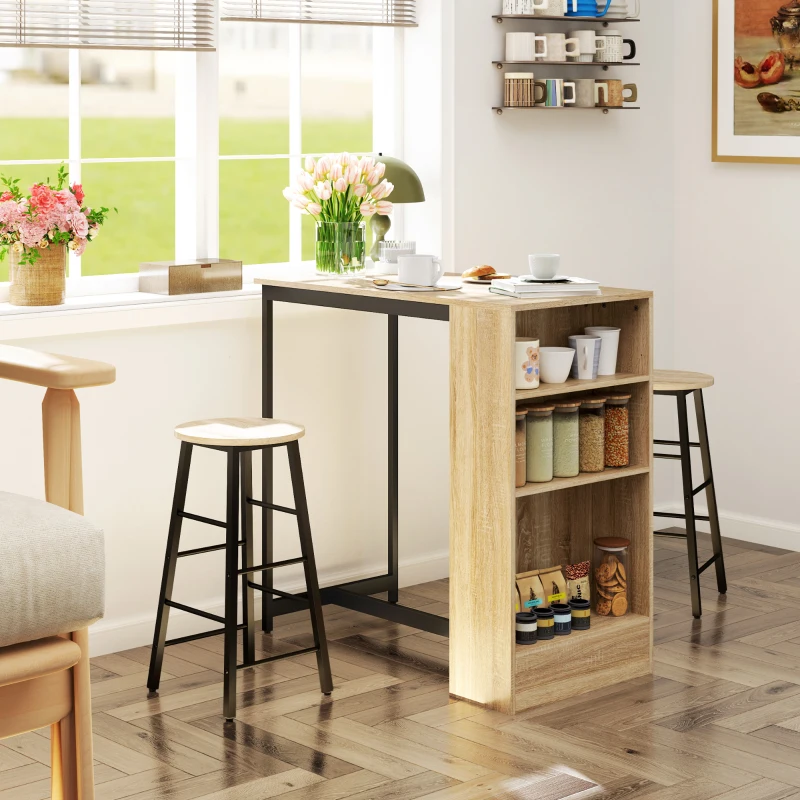 HOMCOM 3-delige Bartafelset, 1 Counter, 2 Stoelen, met Opbergruimte en Voetsteunen, Ruimtebesparend, Lichtbruin+Zwart(m-7)