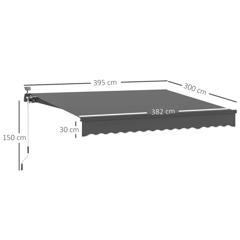 Outsunny Uitschuifbare Luifel met Handkruk en Zonne-energie LED-licht UV 50+ 400 cm breed Grijs