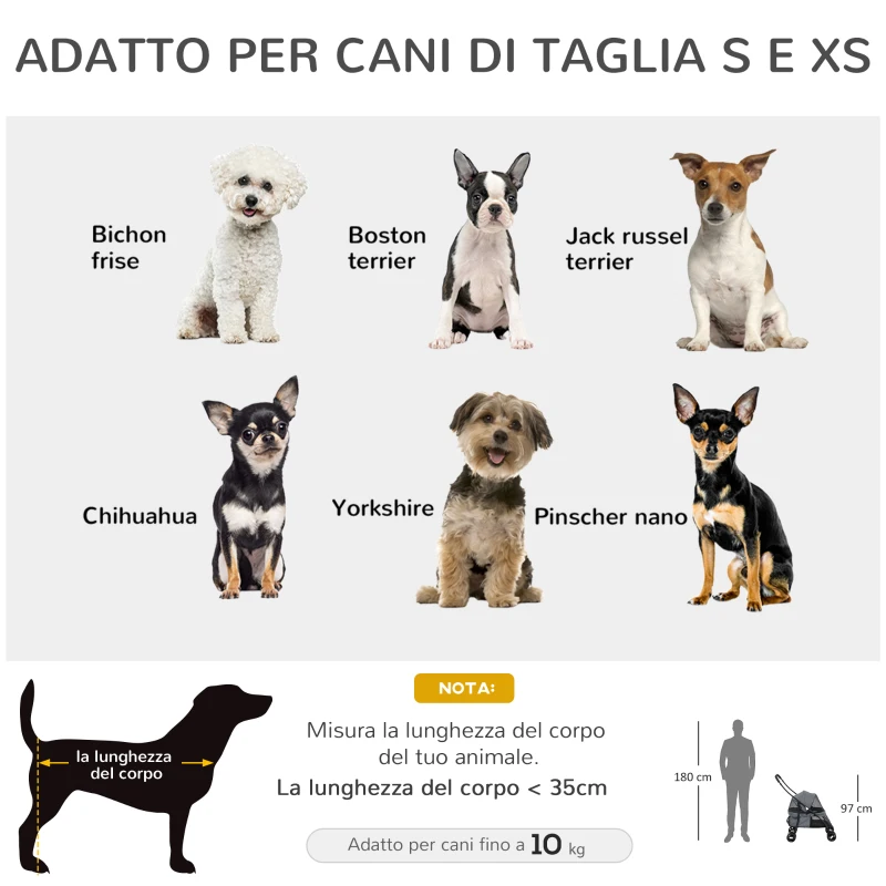 PawHut Passeggino per Cani Pieghevole con Tettuccio Regolabile, Borsa e 2 Guinzagli, 82x47x97 cm, Grigio e Nero