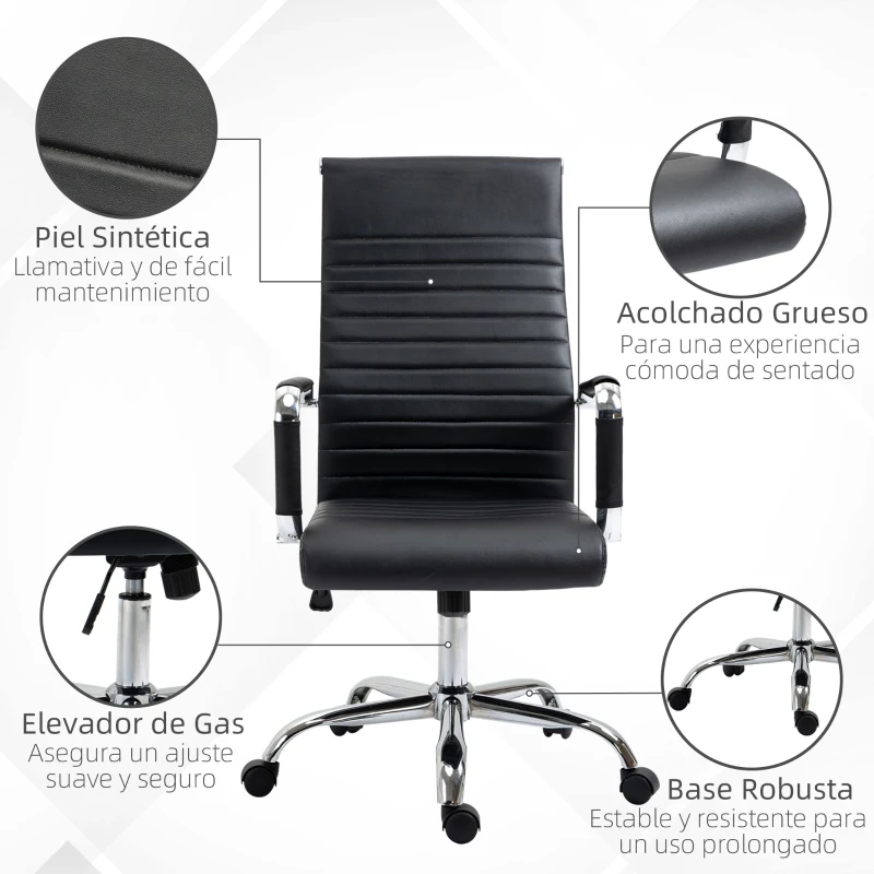 Vinsetto Silla de Escritorio Giratoria Silla de Oficina con Respaldo Alto Ruedas Giratorias Altura Ajustable Función Basculante y Reposabrazos Tapizado en Cuero Sintético Negro