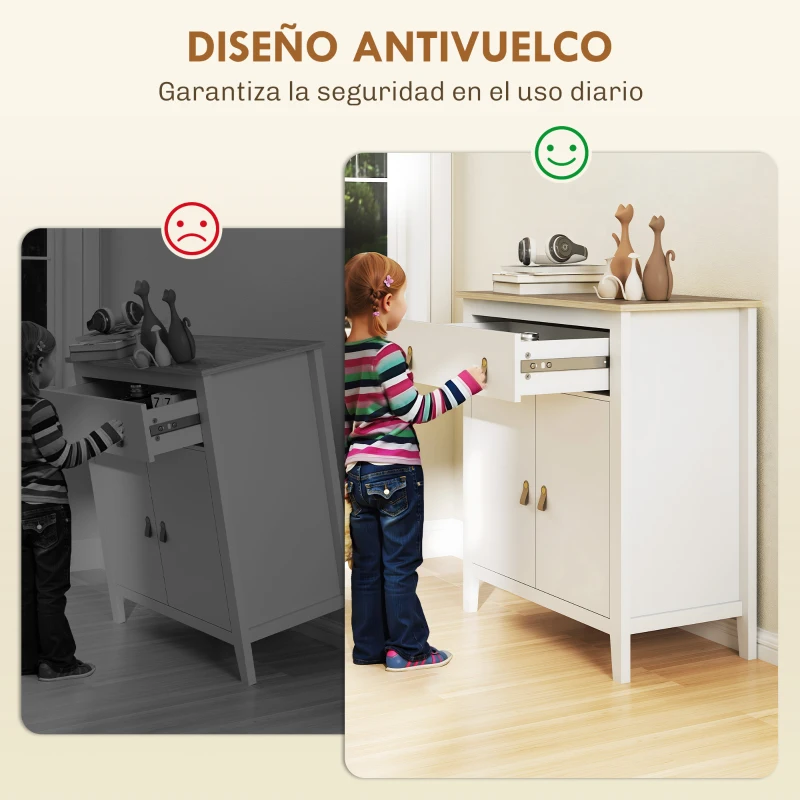 HOMCOM Aparador con Cajón Armario de 2 Niveles y Estante Ajustable Base Elevada y Amplia Superficie 80x40x90cm Blanco y Roble