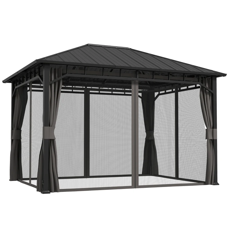 Outsunny Garten-Pavillon, Metallpavillon, wasserfest, UV-beständig, Terrassenpavillon mit Netzwänden und Vorhängen, Dunkelgrau