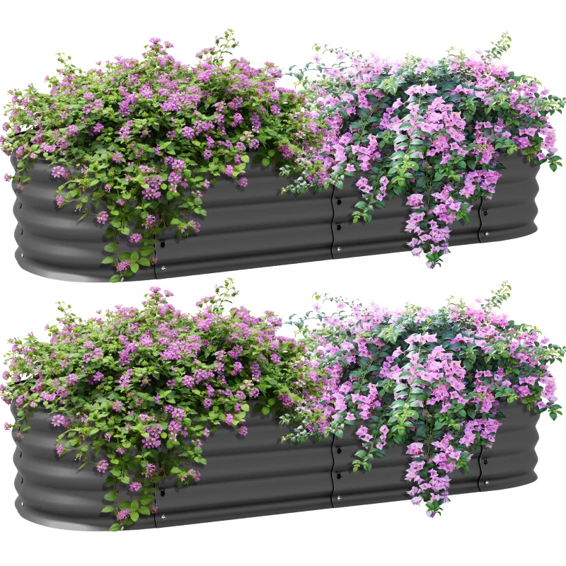 Outsunny Galvanised Raised Garden Bed, Metal Planter Box with Safety Edging, for Flowers, Herbs, Succulents, Pack of 2, Dark Grey