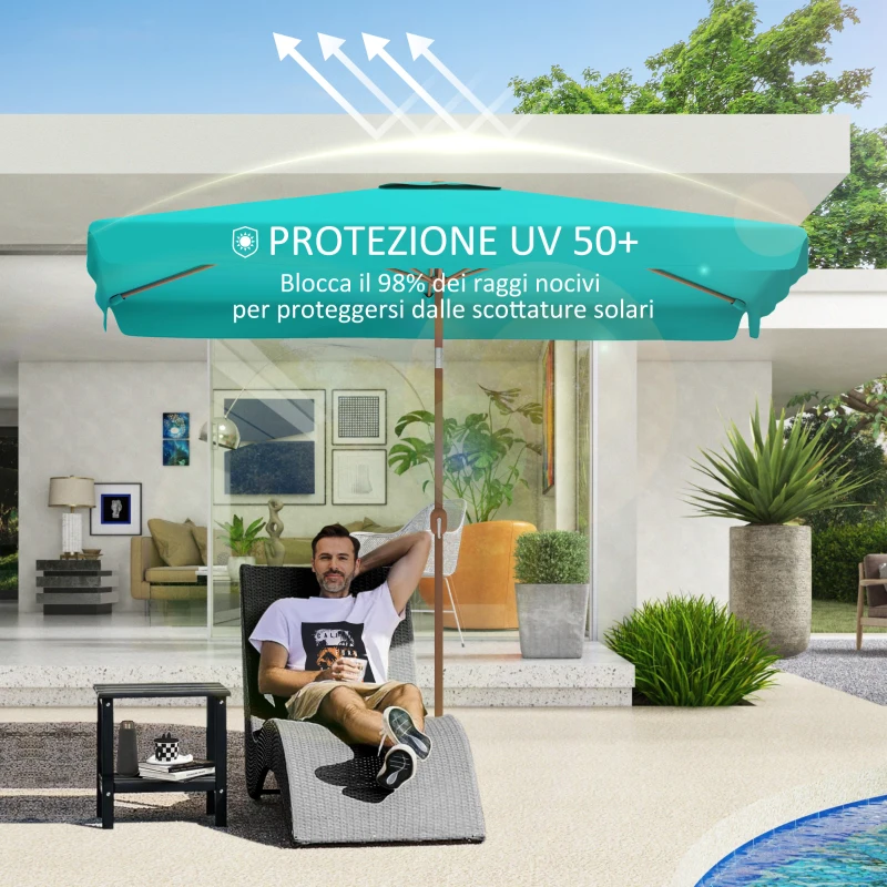 Outsunny Ombrellone da Giardino 2x3 m con Apertura a Manovella, Inclinabile e Anti UV 50+, Turchese