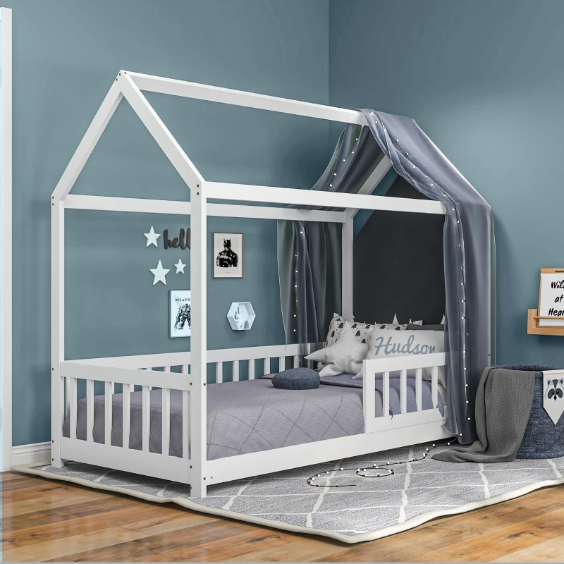 HOMCOM House-Shaped Kids Bed Frame with Guard Rails, Solid Pine Wood Single Bed Frame for Kids Boys and Girls